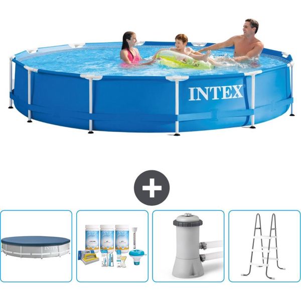 Piscina Intex Con Struttura Rotonda - 366 X 76 Cm - Blu - Include Copertura - Pacchetto Manutenzione - Pompa Filtro Per Piscina - Scaletta-image