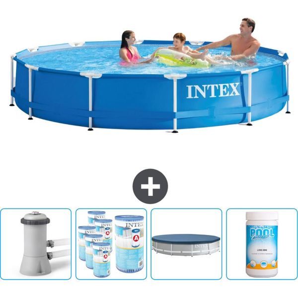 Piscina Intex Con Struttura Rotonda - 366 X 76 Cm - Blu - Compresa Pompa - Filtro - Copertura - Cloro-image