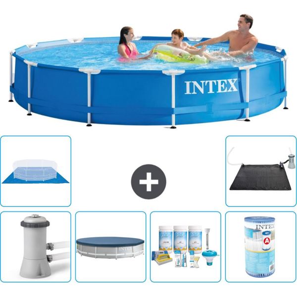 Piscina Intex Con Struttura Rotonda - 366 X 76 Cm - Blu - Inclusa Copertura Della Pompa - Pacchetto Manutenzione - Filtro - Copertura Del Terreno - Tappeto Solare-image