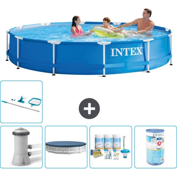 Piscina Intex Con Struttura Rotonda - 366 X 76 Cm - Blu - Inclusa Copertura Della Pompa - Pacchetto Di Manutenzione - Filtro - Kit Di Pulizia-image