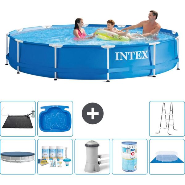 Piscina Intex Con Struttura Rotonda - 366 X 76 Cm - Blu - Include Copertura - Pacchetto Di Manutenzione - Pompa Filtro Per Piscina - Filtro - Copertura Del Terreno - Tappetino Solare-image