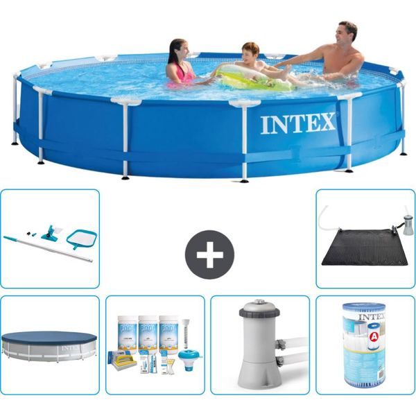 Piscina Intex Con Struttura Rotonda - 366 X 76 Cm - Blu - Include Copertura - Pacchetto Di Manutenzione - Pompa Filtro Per Piscina - Filtro - Kit Di Pulizia - Tappetino Solare-image