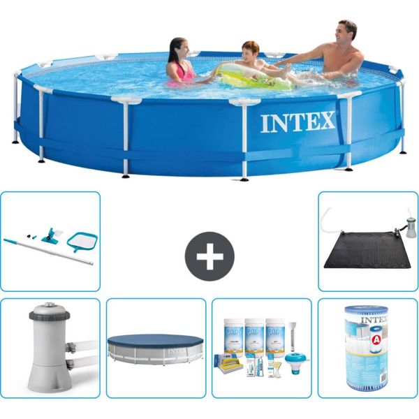 Piscina Intex Con Struttura Rotonda - 366 X 76 Cm - Blu - Inclusa Copertura Della Pompa - Pacchetto Di Manutenzione - Filtro - Kit Di Pulizia - Tappeto Solare-image