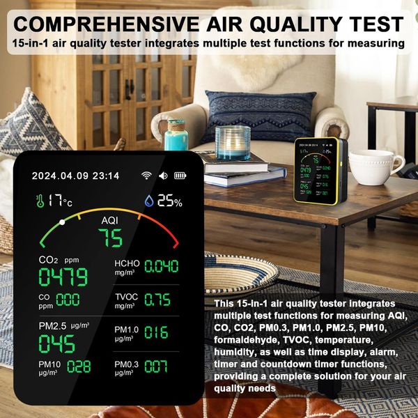 Tuya Wifi 15In1 Rilevatore Di Qualità Dell'aria Per Uso Domestico Portatile Aqi PM0,3 PM1,0 PM2,5 PM10 Co CO2 Tvoc Hcho Tester Con Display Tft Misuratore Multifunzionale Di Tempo Temperatura E Umidità Con Timer Orologio Versatile Con Funzione Di Allarme-image