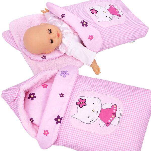 Fascia Per Bambole Bobo Per Neonato Con Cappuccio E Applicazioni Con Elefante. Coperta Per Passeggini Per Bambole - Motivo A Scacchi Rosa Con Gatto-image