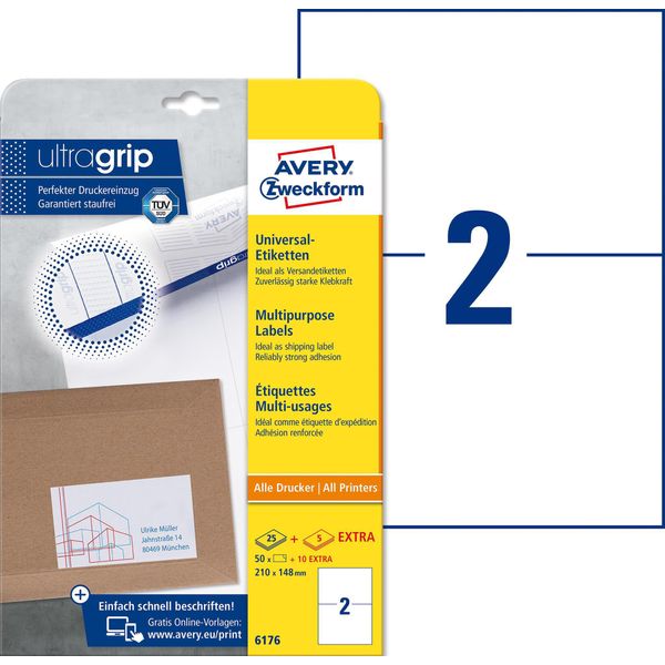 Avery Zweckform® 6176 Etichette Universali Ultragrip - 210 X 148 Mm, Bianco, 60 Etichette, Permanente-image