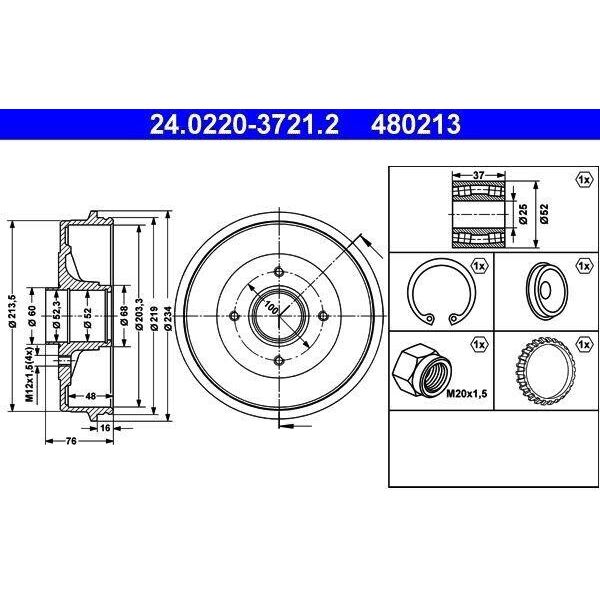 Ate 24.0220-3721.2 - Oe 60 01 547 703 Tamburo Del Freno Con Cuscinetto Ruota Per Megane I, Logan, Clio Ii, Logan I, Thalia I (Lb), Thalia Ii (Lu), Twingo I (C06), Twingo I (S06)-image