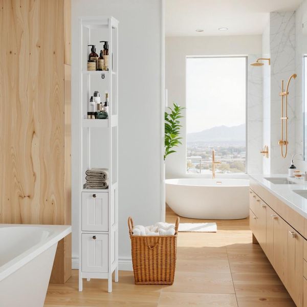 Mobile Alto Stretto, Mobile Da Bagno Con 2 Cassetti E 3 Ripiani, 20Lx30Lx160Hcm, Bianco-image