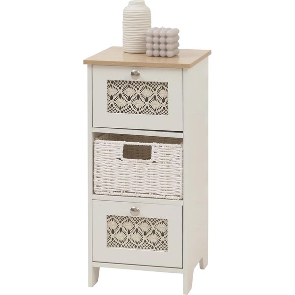 Cassettiera HWC-O75, Cassettiera, 3 Cassetti Cestino In Legno Melaminico 63X30X30Cm ~ Bianco-Naturale-image