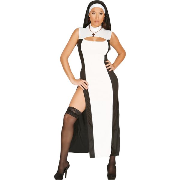 Religione Erotica Addio Al Celibato Costume Da Suora Fessura Celebrazione Abbigliamento Tema Festa Gioco Adulto Evento Divertimento, Taglia: 42 - 44 (L) Colore: Nero-image