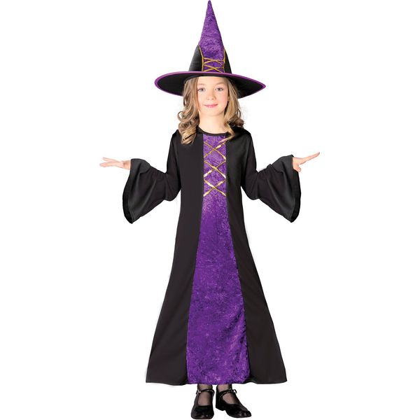 Strega Halloween Magia Cappello Abito Costume Incantesimi Look Gotico Bambini Accessori Magici Gioia Mistica Divertimento Spaventoso Festival, Taglia: 110/116 Colore: Nero-image