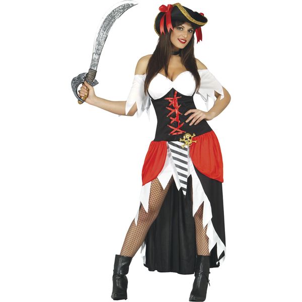 Pirata Avventuriera Costume Di Carnevale Tricorno Corsaro Marinaio Cappotto Avventura, Taglia: 42 - 44 (L) Colore: Nero-image