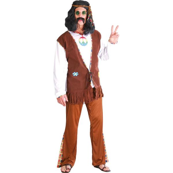 Costume Hippie Anni '70 Colorato Flower Power Look Con Gilet Fascia Pantaloni Per Carnevale Stile Retrò Woodstock Festival, Taglia: 48 - 50 (M) Colore: Marrone-image