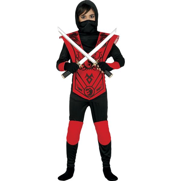 Costume Di Carnevale Da Guerriero Ninja Rosso Nero Con Cappuccio Costume Di Carnevale Da Samurai Combattente Focoso Mimetico Costume Per Bambini Top Pantaloni Maschera, Taglia: 98/104 Colore: Rosso-image