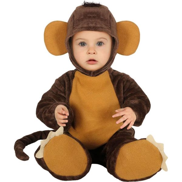 Animale Carnevale Tuta Con Cappuccio E Orecchie Scimmia Costume Coda Scarpette Look Delicato Divertente Outfit Bambino, Taglia: 86/92 Colore: Marrone-image