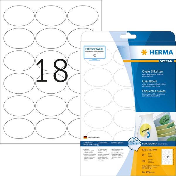 Etichette Bianche Mobili/Rimovibili 63,5X42,3 Mm Ovale Speciale A4 Confezione Da 32 Pezzi-image