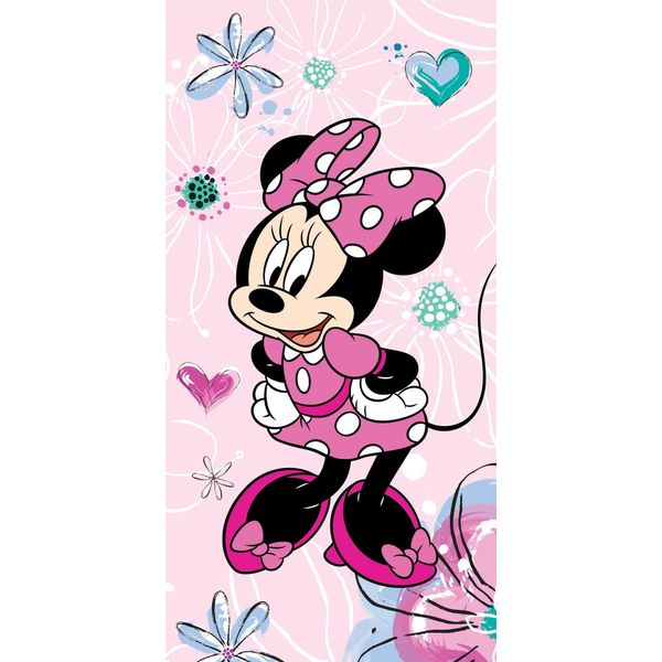 Disney Minnie Mouse Asciugamano Rosa Minnie Mouse Fiocco Rosa Abito Bianco Rosa Mouse Fiori Cuori 70 X 140 Cm 100% Cotone-image