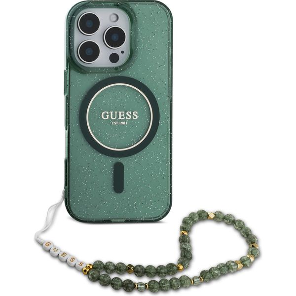 Guess Iml Glitter Con Cinturino Perlato Magsafe - Custodia Per Iphone 16 Pro (Verde)-image