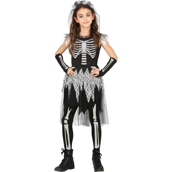Halloween Scheletro Costume Fantasma Ragazza Fantasia Spettrale Affascinante Vestito Con Velo Travestimento Fantasma Per Notti Mistiche, Taglia: 128/134 Colore: Nero-image