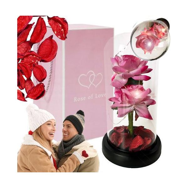 Rosa Eterna, Due Rose In Un Bicchiere, Regalo Di San Valentino Led Glorificante + Scatola, Rosa-image