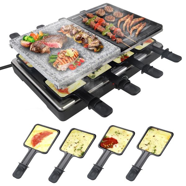 Jnglgo 1400W Griglia Per Raclette Per 8 Persone Griglia Elettrica Con Piastra In Granito E Piastra Per Grigliare Con Rivestimento Antiaderente Set Di Padelle Per Grigliare Elettrico Griglia Da Tavolo Per Feste Di Natale Campeggio-image