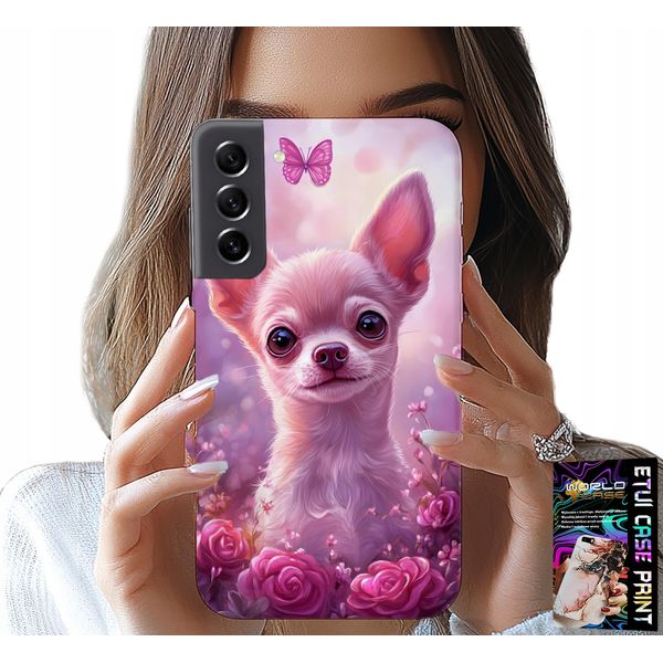 Custodia Per Samsung Galaxy S21 Fe - Simpatico Chihuahua Su Sfondo Rosa Con Fiori-image