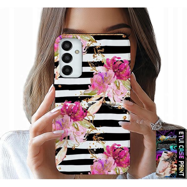 Custodia Per Samsung Galaxy M13 4G - Motivo Floreale A Strisce Bianche E Nere-image