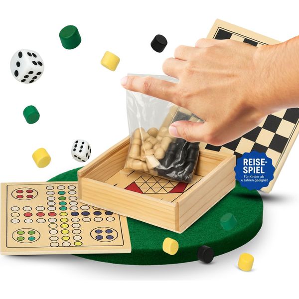 Set Di Giochi Da Viaggio 'Collection' - Collezione Di Giochi Da Tavolo In Legno Con Scacchi, Pedine E Dadi Per La Famiglia E I Bambini Dai 6 Anni In Su - Ideale Per Le Vacanze, L'auto, La Spiaggia E La Natura A Casa-image
