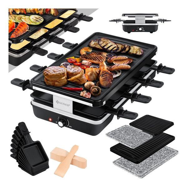 Kesser® Raclette-Grill Mit Naturgrillstein, Grillplatte Tischgrill FüR 8 Personen, Elektrogrill Raclette Grill Antihaftbeschichteter Grillplatte, 8 Pfannen Und Holzspatel 1200W-image