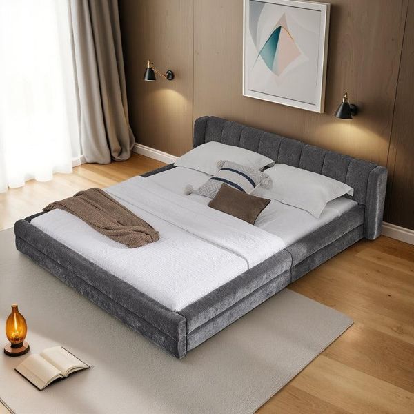 Letto Matrimoniale 140×200 Cm, Tessuto In Ciniglia, Comodo Schienale, Robusta Struttura In Eucalipto E Ferro, Facile Da Montare, Grigio Scuro (Senza Materasso)-image
