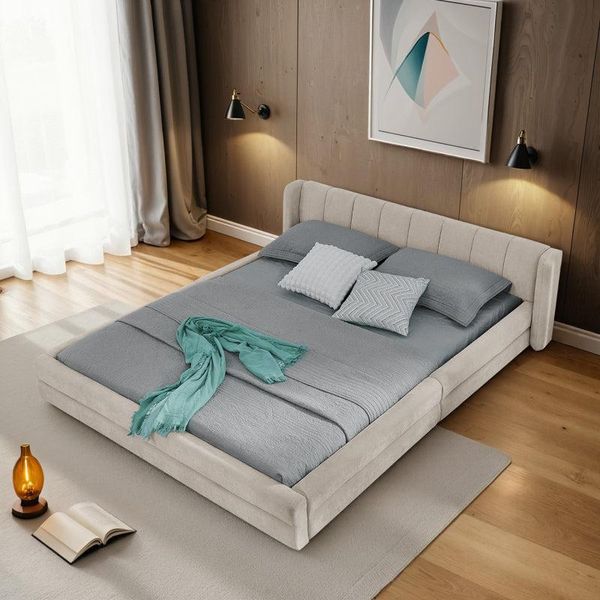 Letto Matrimoniale 140×200 Cm, Tessuto In Ciniglia, Comodo Schienale, Robusta Struttura In Eucalipto E Ferro, Facile Da Montare, Beige (Senza Materasso)-image