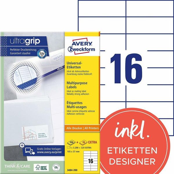 Avery Zweckform 3484 - Etichette - Bianco - 37 X 105 Mm - 3200 Etichette (200 Fogli X 16) (3484-200)-image
