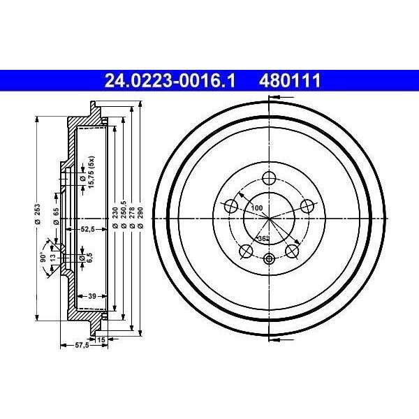 Ate 24.0223-0016.1 - Oe 1J0 609 617 B Tamburo Del Freno Per Octavia I (1U), Roomster (5J)-image