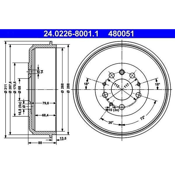 Ate 24.0226-8001.1 - Oe 701 609 617 Tamburo Del Freno Per T4-image