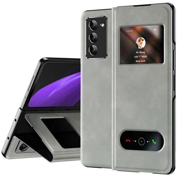 Custodia Sottile In Pelle Flip Per Samsung Galaxy Z Fold 2 5G, Con Finestra Di Visualizzazione E Funzione Stand Grigio-image