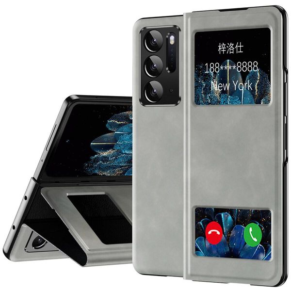 Custodia Sottile In Pelle Flip Per Oppo Find N, Con Finestra Di Visualizzazione E Funzione Stand Grigio-image