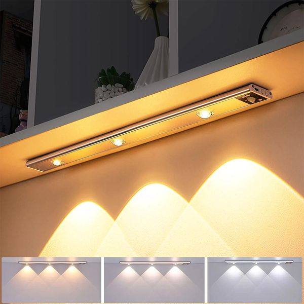 40Cm Led Sottopensile 3 Colori Di Luce Striscia Luminosa Ricaricabile Con Sensore Di Movimento Luce Per Armadietto Luce Per Cucina, Argento-image