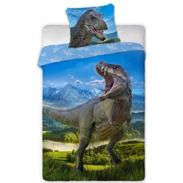Faro Biancheria Da Letto In Cotone 140X200 Dinosaurus T Rex 001 Federa Blu 70X90-image
