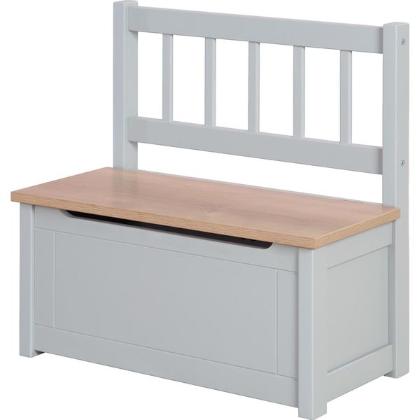 Panca Per Bambini Roba 'Woody' - Cassapanca Per Giocattoli In Legno Naturale E Laccato Color Tortora - Panca Per Bambini Con Freno Per Il Coperchio E Superficie Rivestita-image