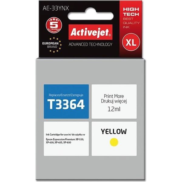 Activejet AE-33YNX Ink Cartridge (Replacement For Epson 33XL T3364; Supreme; 12 Ml; Yellow)-image