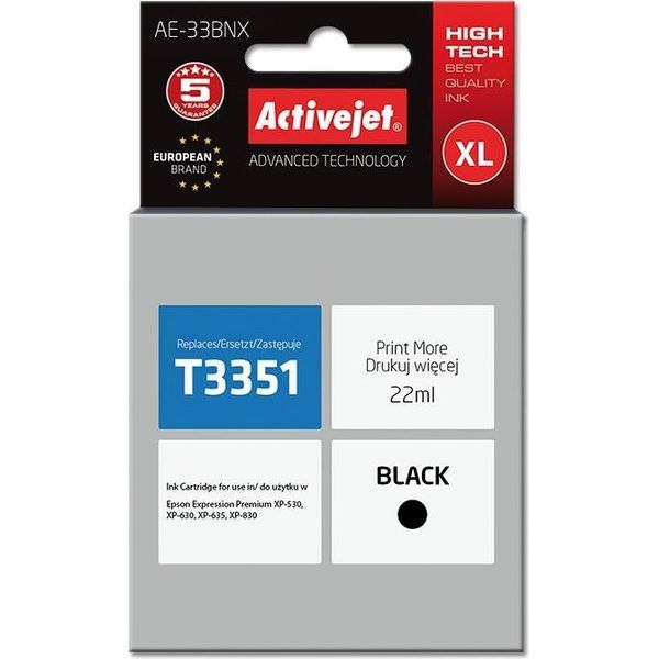 Activejet AE-33BNX Ink Cartridge (Replacement For Epson 33XL T3351; Supreme; 22 Ml; Black)-image