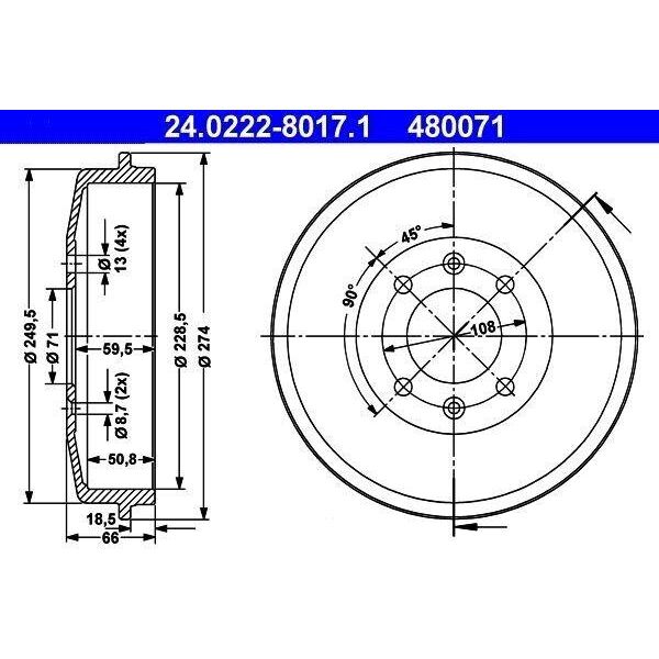 Ate 24.0222-8017.1 - Oe 4247 24 Tamburo Del Freno Per 405 Ii, 406, 306, Partner Origin (G), Partner (5, G), Berlingo, Xsara, Zx (N2)-image