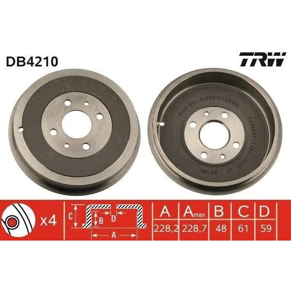 Trw DB4210 - Oe 7769850 Bremstrommel FüR 145 (930), 146 (930), Doblo, Fiorino, Idea, Linea, Marea, Multipla, Palio, Qubo, Siena, Tipo, Strada-image