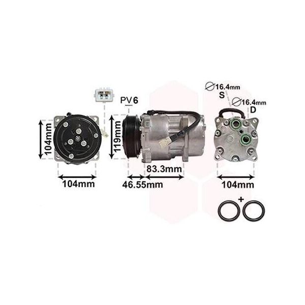 Van Wezel 0900K161 - Compressore Aria Condizionata Oe 6453L5 Per Berlingo, C5 I (Dc), C5 I (De), Jumper, Jumpy (U6U), Jumpy (B), Xsara, Scudo, Ulysse, 206 (2A/C), 206 Sw (2E/K), 306, 406, 605 (6B), 607 (9D, 9U), 806 (221), Boxer, Expert (224), Expert (222), Expert (223), Partner (5, G)-image