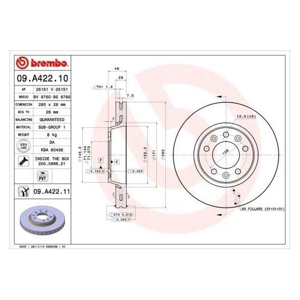 Brembo 09.A422.11 - Disco Freno Oe 1611841880 Per Expert (Vf), Expert Tepee (VF3X), Jumpy (VF7), Scudo-image
