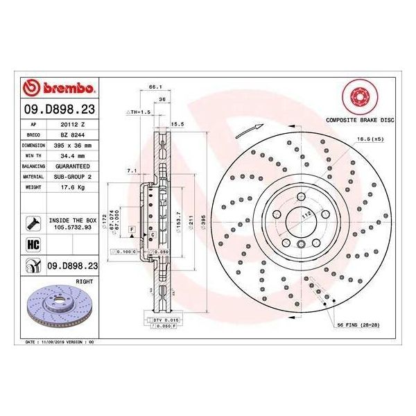 Brembo 09.D898.23 Disco Freno Oe 34106887658 Compatibile Con X6, X5, Serie 8 F93, Serie 8 F92, Serie 8 F91, Serie 7 G11, Serie 6 G32, Serie 5 G31, Serie 5 G30-image