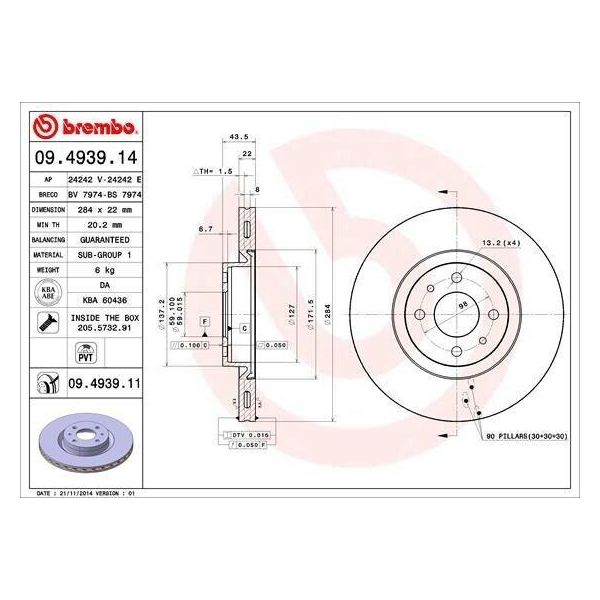 Brembo 09.4939.14 - Oe 46445892 Bremsscheibe FüR 500 (312), Bipper (Aa), Bipper Tepee, Bravo, Doblo, Fiorino, Idea, Linea, Marea, Nemo, Qubo, Stilo-image