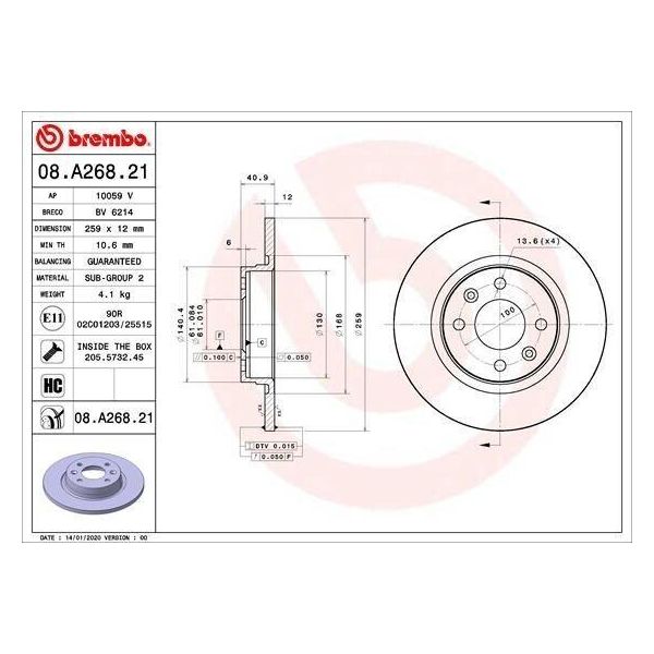 2X Disco Freno Brembo 08.A268.21 Per Renault Twingo I (C06_) Twingo Ii (CN0_)-image