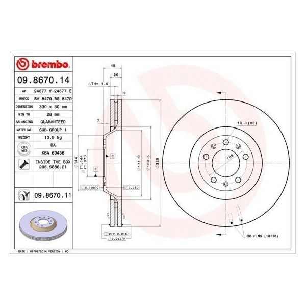 Brembo 09.8670.11 - Disco Freno Oe 4246K0 Per 407, 407 Sw (6D, 6E), 607 (9D, 9U), C6 (Td)-image