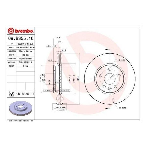Brembo 09.B355.10 - Disco Freno Oe 13502044 Per Astra J, Aveo (T300), Cruze (J300), Cruze (J305), Cruze (J308)-image